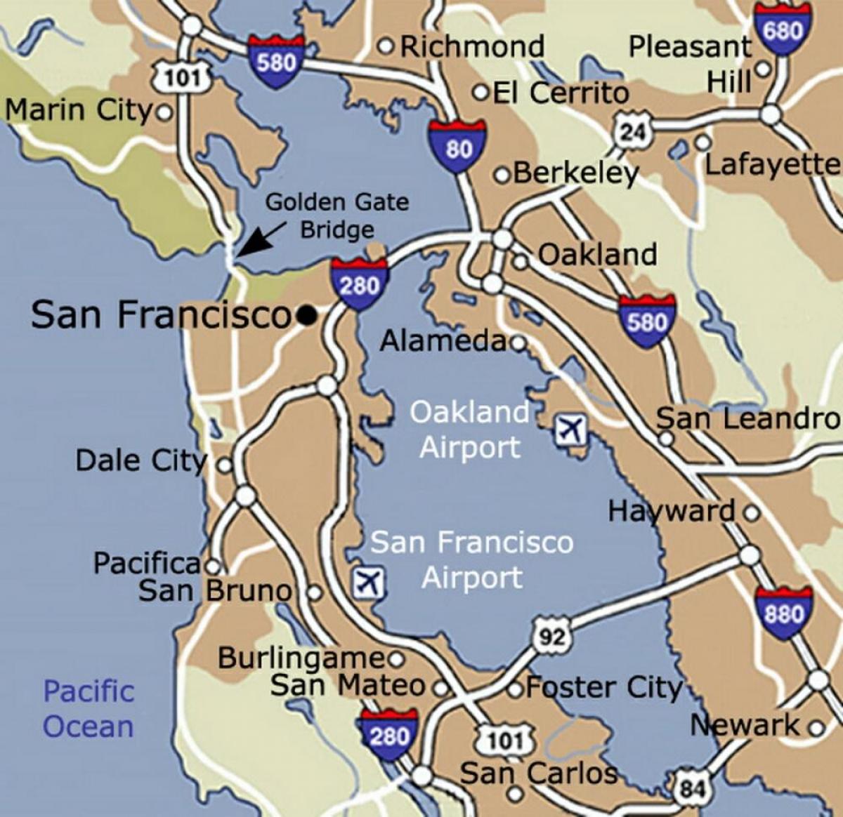 خريطة مطار سان فرانسيسكو والمنطقة المحيطة بها